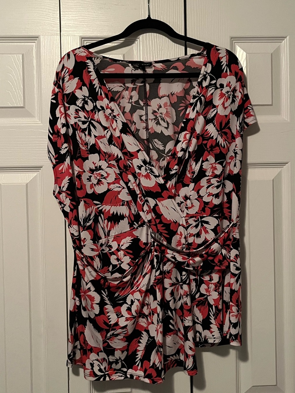 Lane Bryant Black, White & Pink Floral Wrap-Front Blouse